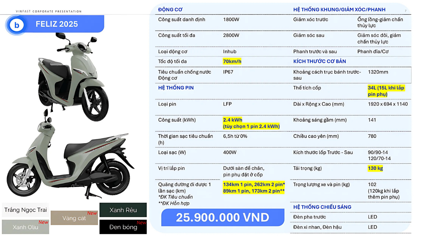 Thông số kỹ thuật VinFast Feliz bản 2 pin