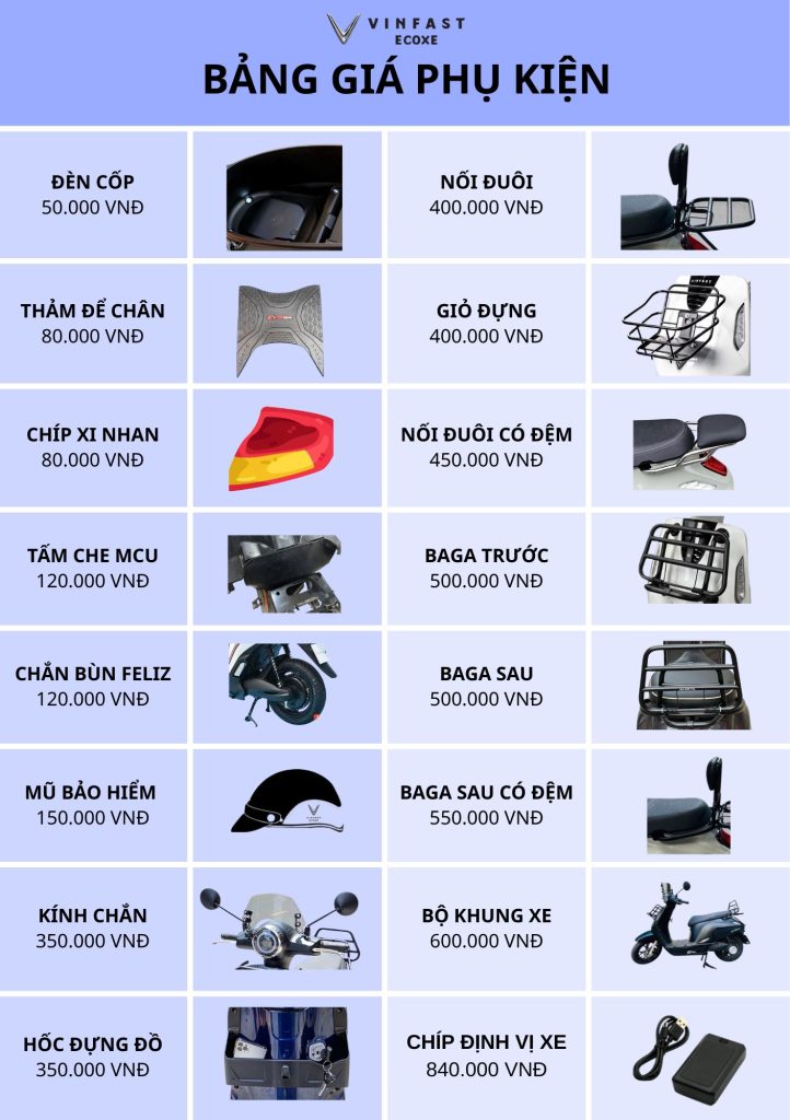 Bảng giá phụ kiện cho xe máy điện VinFast