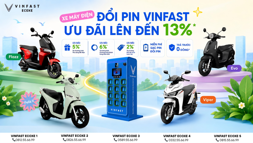Xe máy điện đổi pin VinFast Flazz, Evo, Feliz II, Viper ưu đãi lên đến 13%