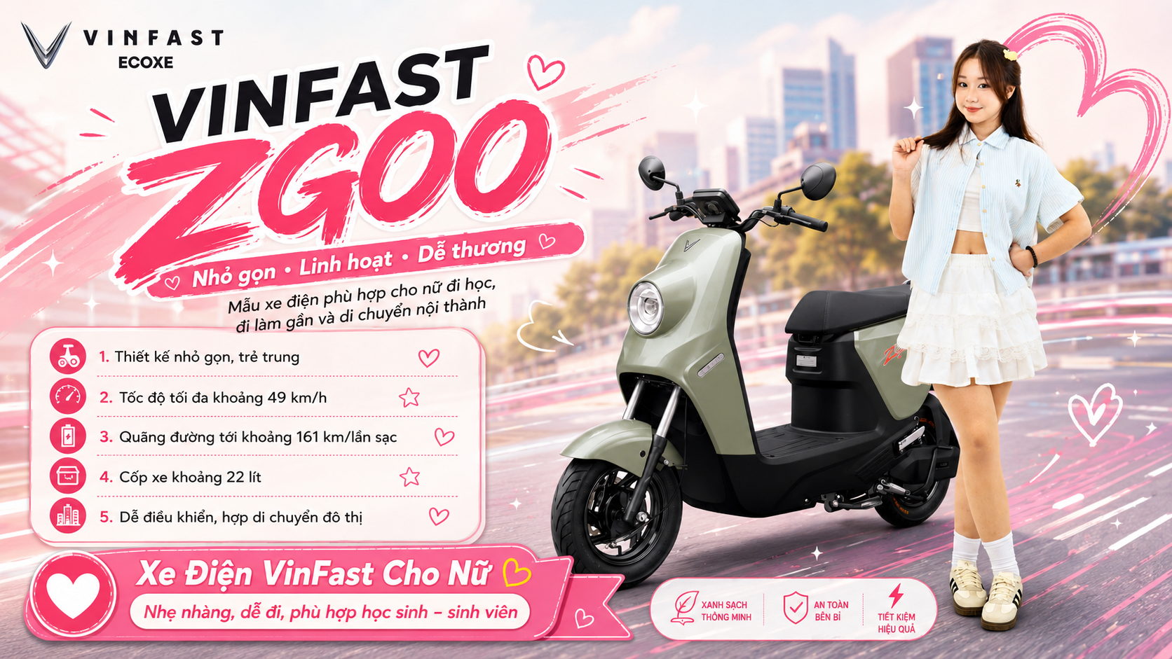 Xe Điện VinFast Cho Nữ Zgoo nhỏ gọn linh hoạt