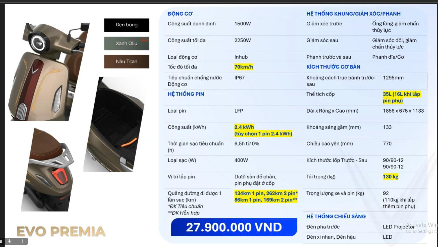 Thông số kỹ thuật VinFast Evo PreMia 2026