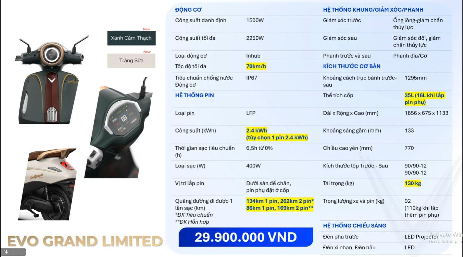 Thông số kỹ thuật VinFast Evo Grand Limited 2026